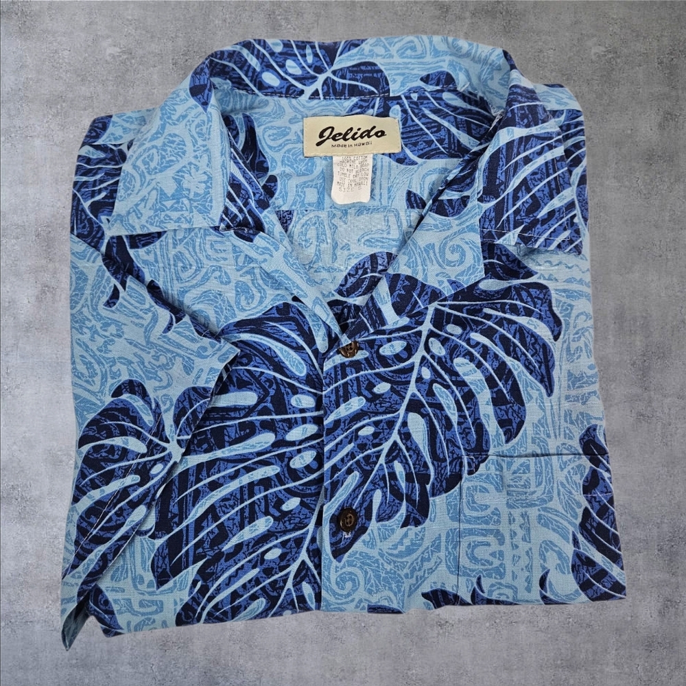 Vintage 70s Jelido Blue Palm Leaf Hawaiian Shirt Resortwear Size Small Men's J54